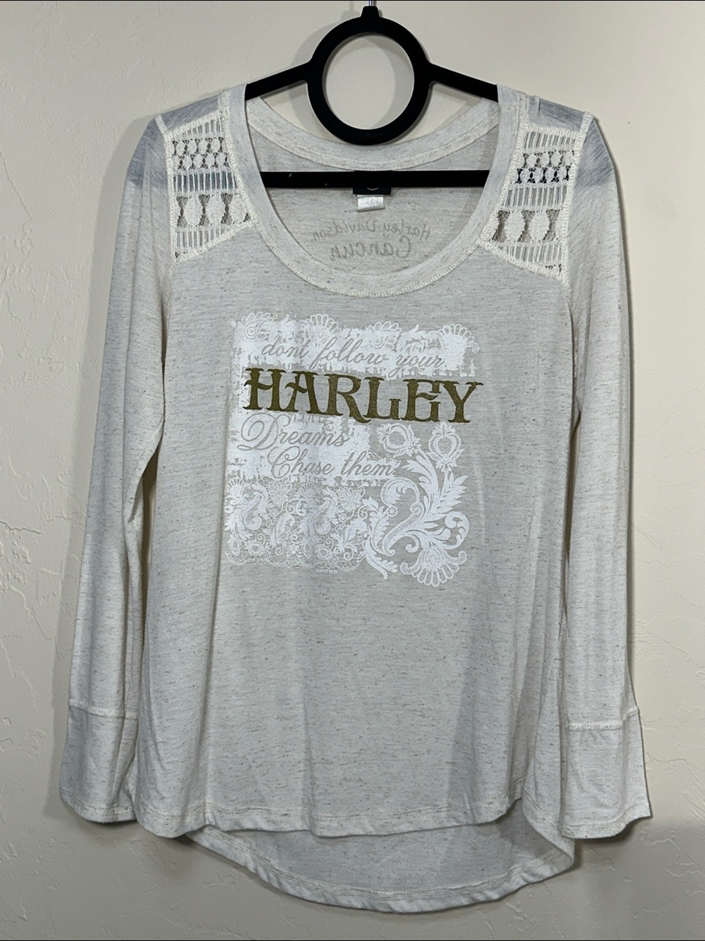 2015 Harley-Davidson Cream Lace Shoulder Long Sleeve Graphic Tee